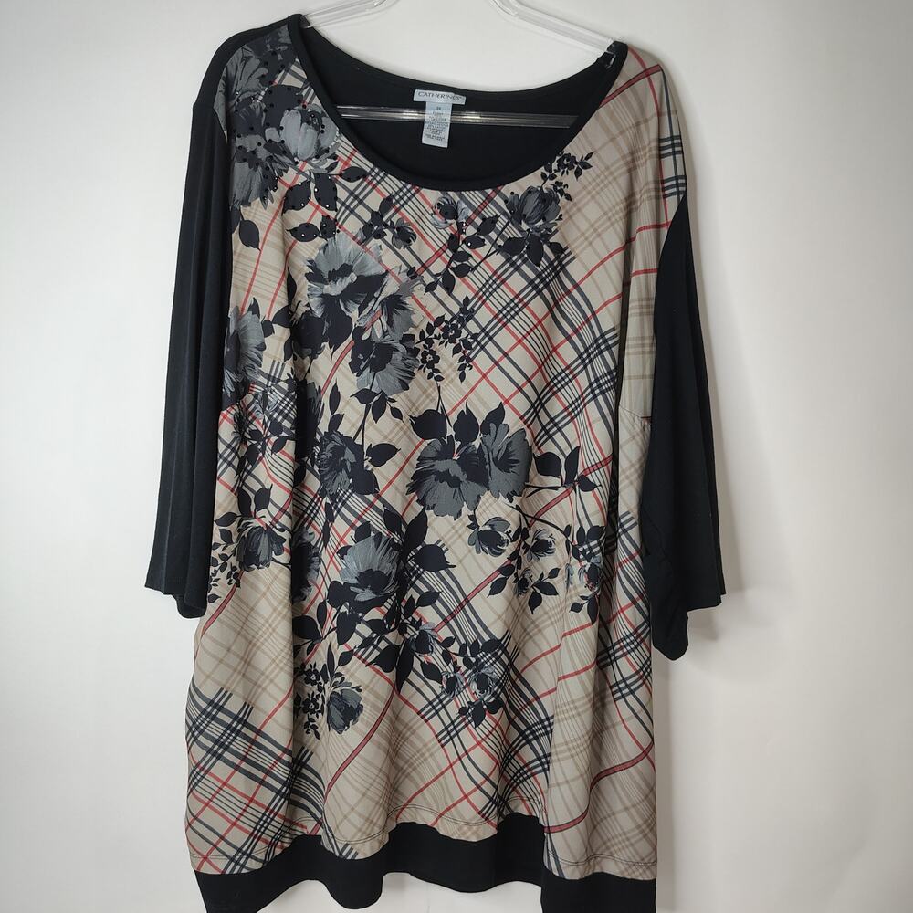 Catherines Jersey Knit Top Womens 3X Floral Short Sleeves Black Tan Plaid